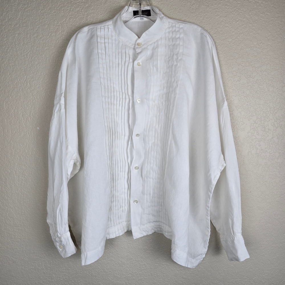 Eskandar White 100% Linen Tuxedo Pintuck Button Front Shirt Top Made in England